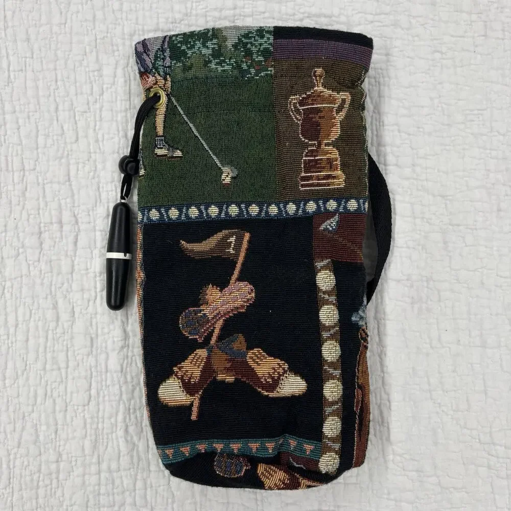 Wine Bottle Gift Bag Golf Theme Heavy Duty Fabric Cloth Handle & Draw String